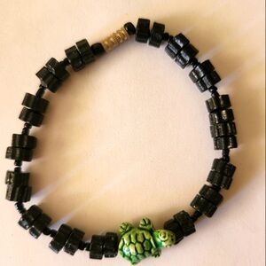 Black Beaded Bracelet with Green Turtle Charm